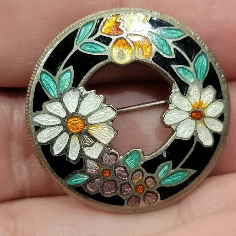 Cloisonne Vtg Gold Toned Multi Color Flowers Leaves Pin / Brooch 2